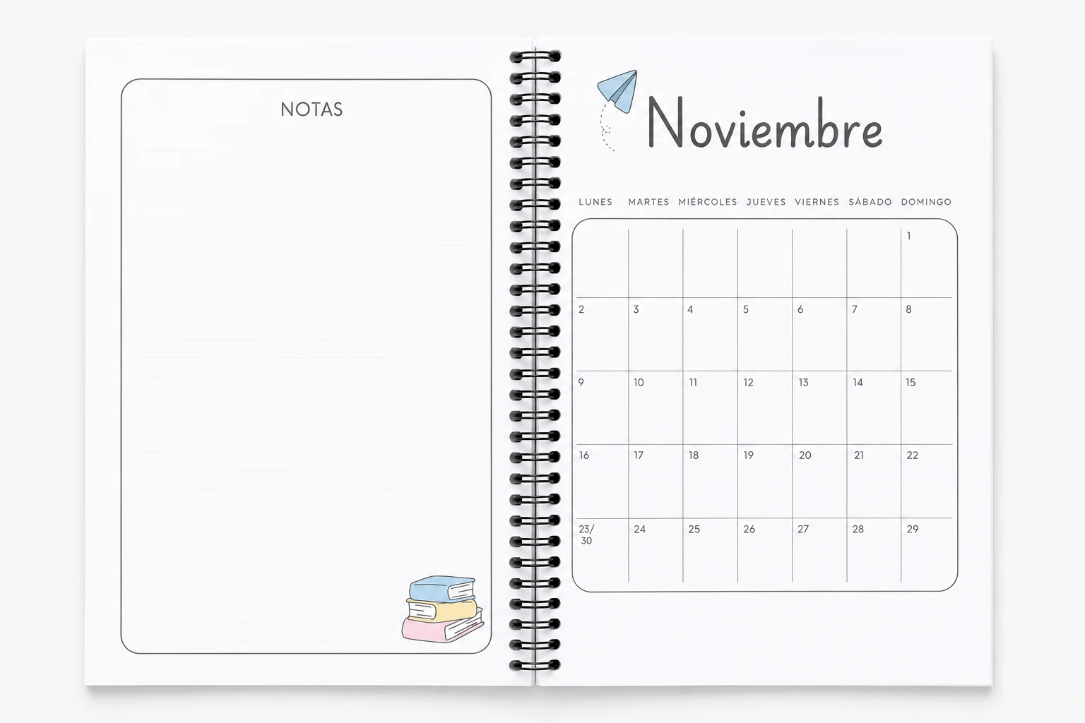 Calendario mensual y página de notas